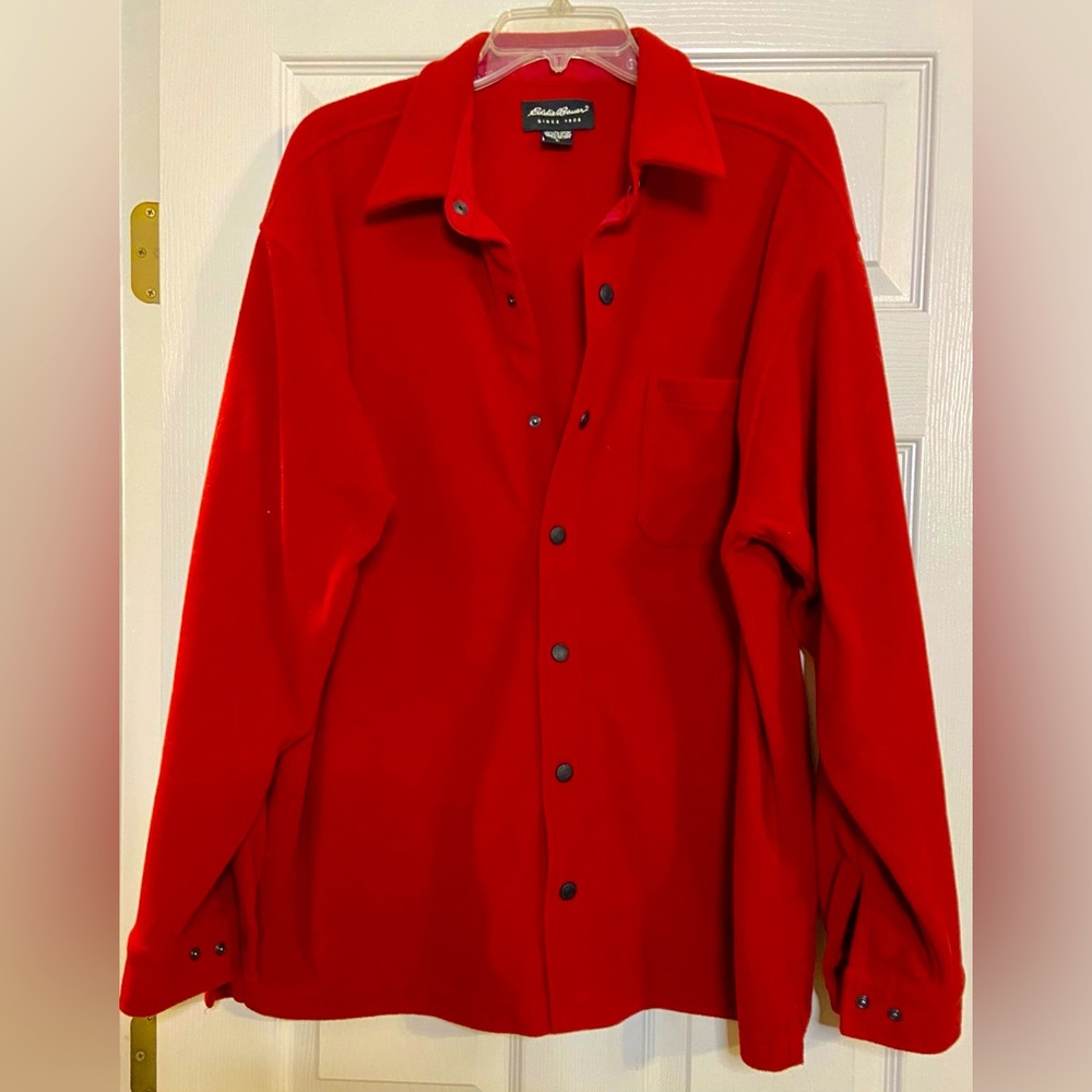EDDIE BAUER Soft Polyester Fleece LS Snap Button Red Shirt Sz Large